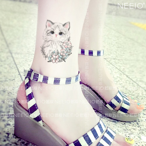 neeio原创纹身贴 超萌布偶猫 仙气清新花朵小猫咪脚踝手臂防水女