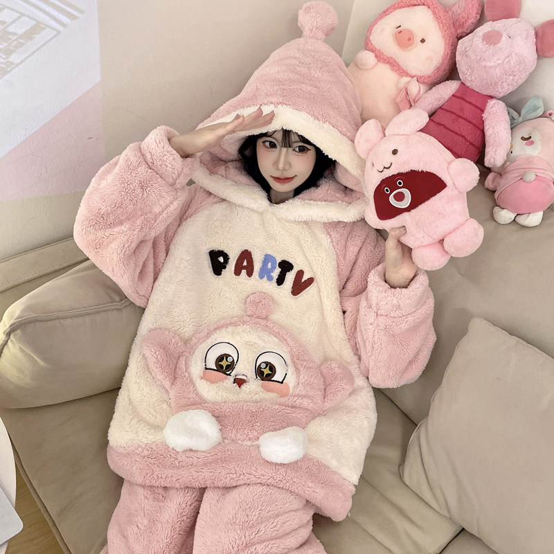 珊瑚绒卡通睡衣女士加大码加厚加绒长毛绒韩版肥码少女套装家居服