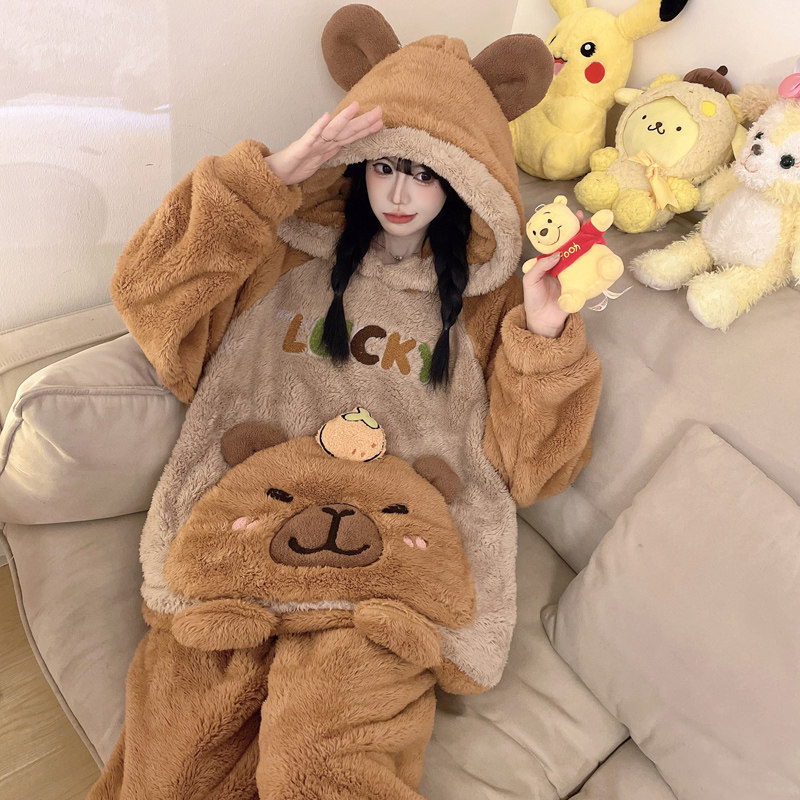 珊瑚绒卡通睡衣女士加大码加厚加绒长毛绒韩版肥码少女套装家居服