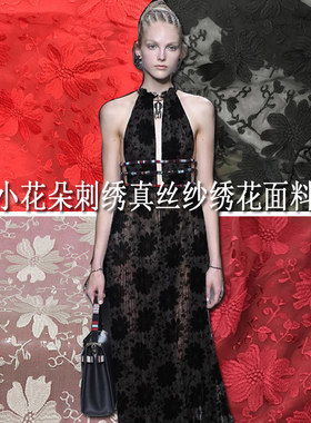 欧美进口重磅昂贵蕾丝刺绣真丝乔其纱布料 走秀款小花朵服装面料