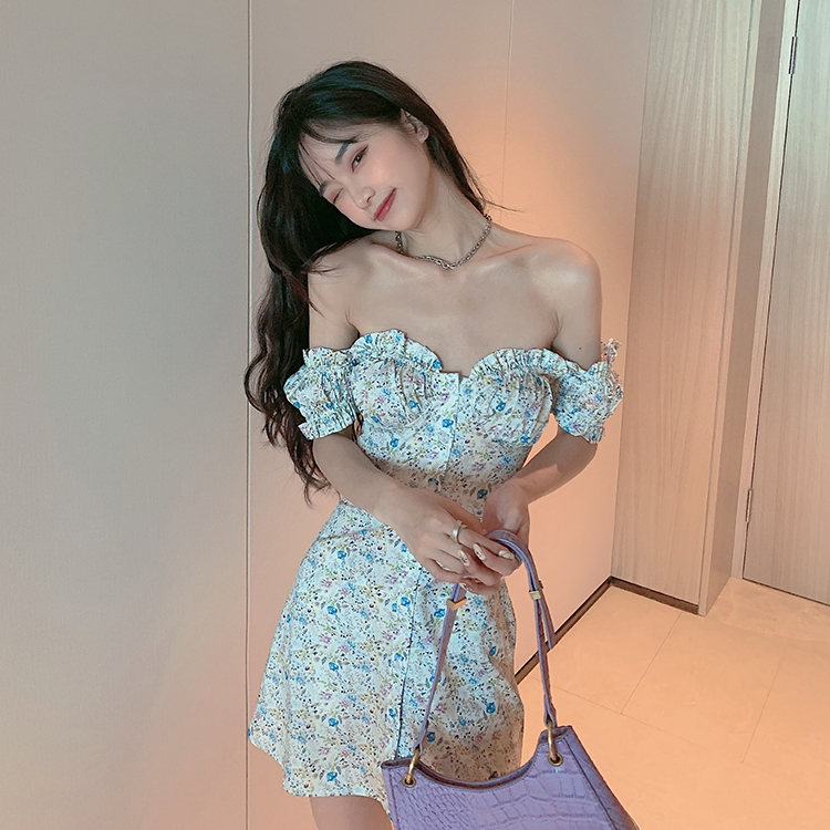 Real price square neck floral pleated bra one shoulder Short Sleeve Dress