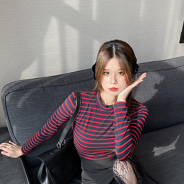 Real price slim stretch half high collar contrast stripe long sleeve T-shirt