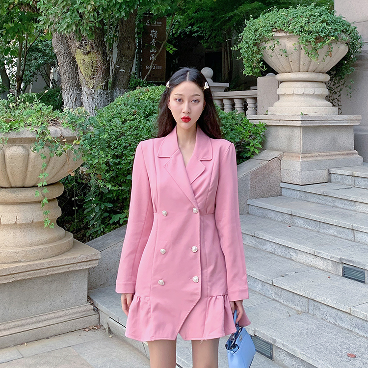 Real price temperament little sister pink suit collar double breasted Ruffle fishtail dress