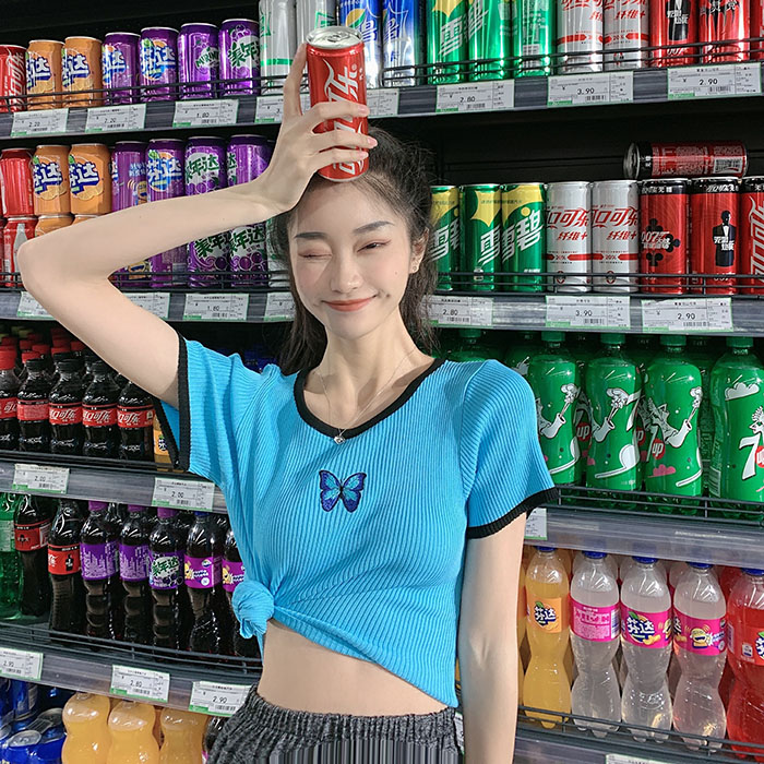 實拍實價 少女撞色短款針織衫T恤