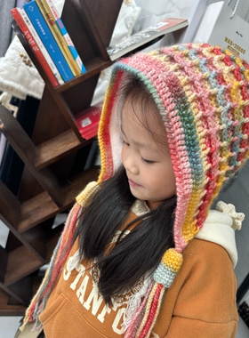 手工毛线编织秋冬保暖护耳帽网红森林系彩虹加绒帽成人儿童成品