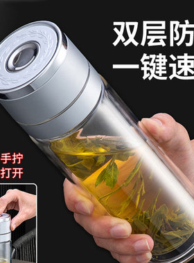 玻璃水杯高硼硅一键速开茶水分离防烫大容量双层防烫车载泡茶杯子