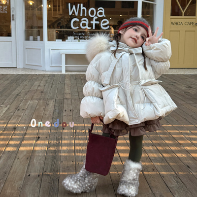 女童毛领连帽羽绒服中长款束腰带保暖外套时髦白鸭绒羽绒服5823