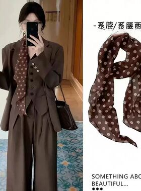 法式复古棕色波点长款丝巾女新款