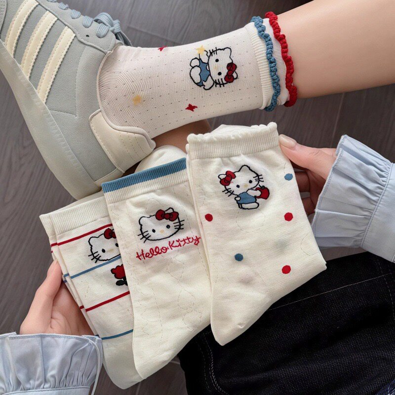 白袜子女中筒袜春夏秋款吸汗透气可爱卡通凯蒂猫小学生少女长筒袜