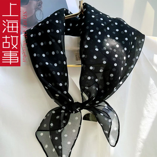 上海故事真丝丝巾女小方巾波点纱巾65x65cm秋冬薄款围巾脖子保暖