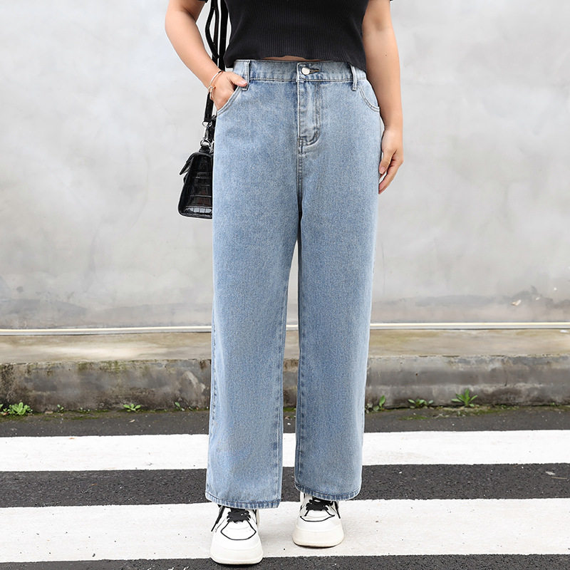 200 POUNDS EXTRA LARGE SIZE WOMENS SPRING AND SUMMER TROUSERS CHUBBY GIRL FAT MM WIDE LEG HIGH-WAISTED LOOSE AND FAT LEG THICK JEANS 300
