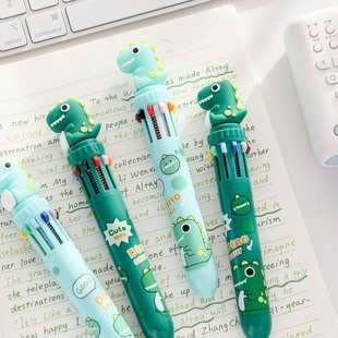 恐龙多色圆珠笔卡通可爱10色彩笔记号笔按动式 圆子笔十色标记彩笔