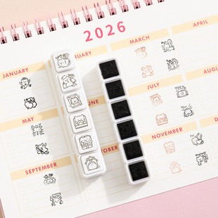 六联小猫印章 打卡印章 ins风可爱卡通手帐素材DIY日常记录按压式