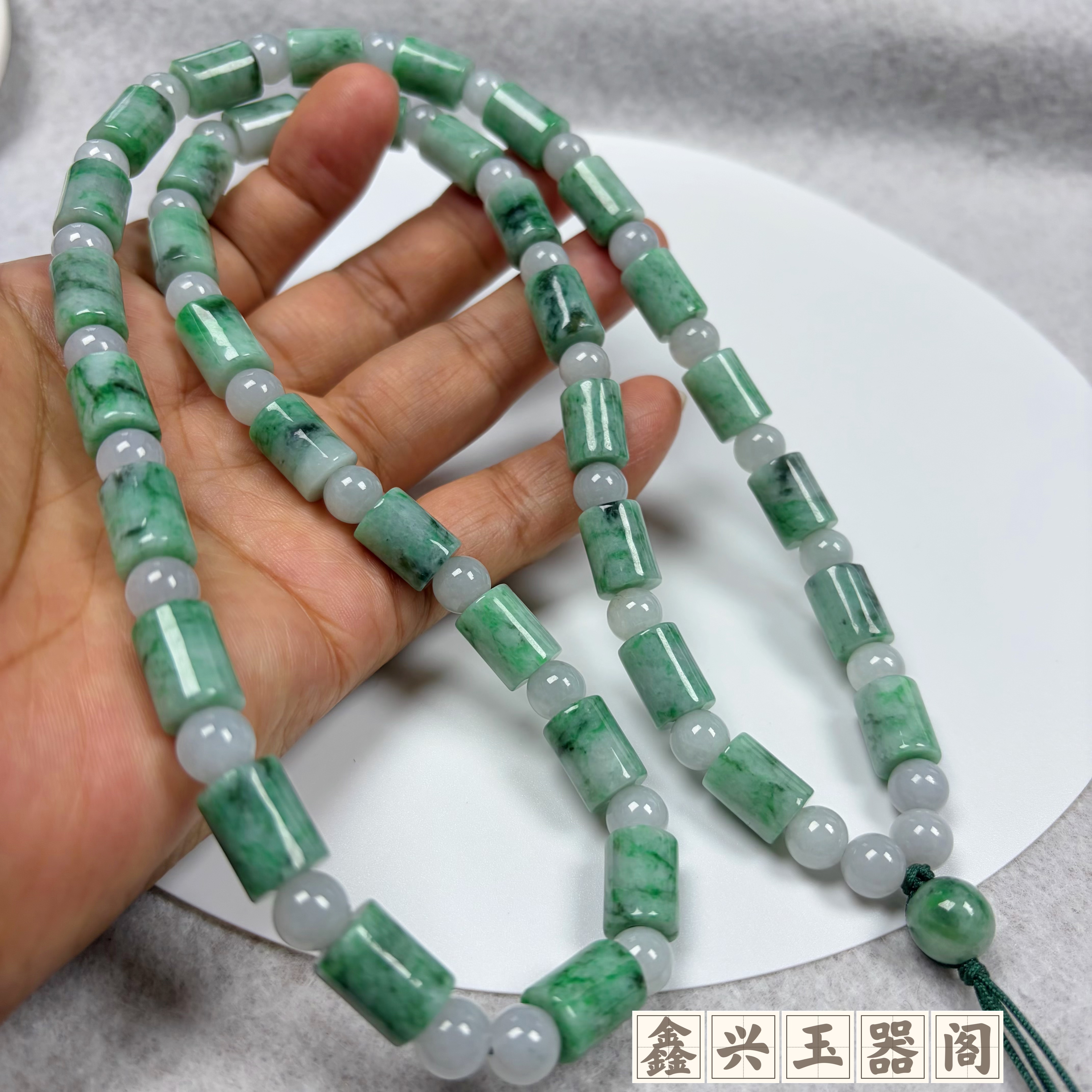 天然翡翠A货路路通项链男深绿飘花桶珠竹节珠链转运珠挂绳9mm大号