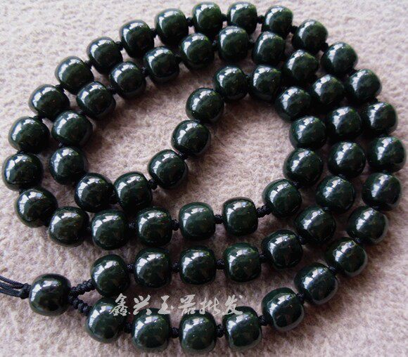 玉石项链男和田玉深墨绿青玉珠挂链玉吊坠绳链深墨绿油青老型圆珠