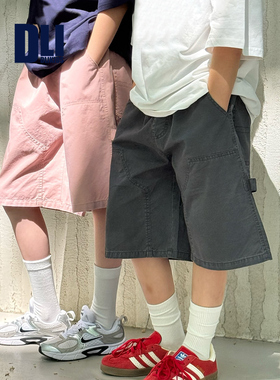 DLIDLIKIDS夏季潮男女童五分裤复古中裤做旧皮粉灰色纯棉儿童短裤