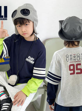 DLIDLIKIDS 秋季新款儿童上衣字母运动潮酷印花打底假两件长袖T恤