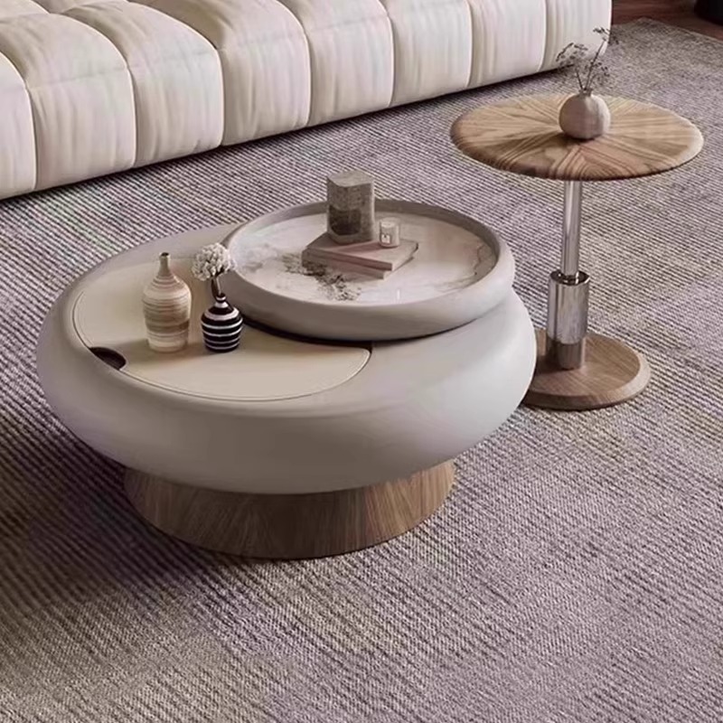 中古风可旋转圆形茶几极简小户型家用意式轻奢创意微晶石面茶几