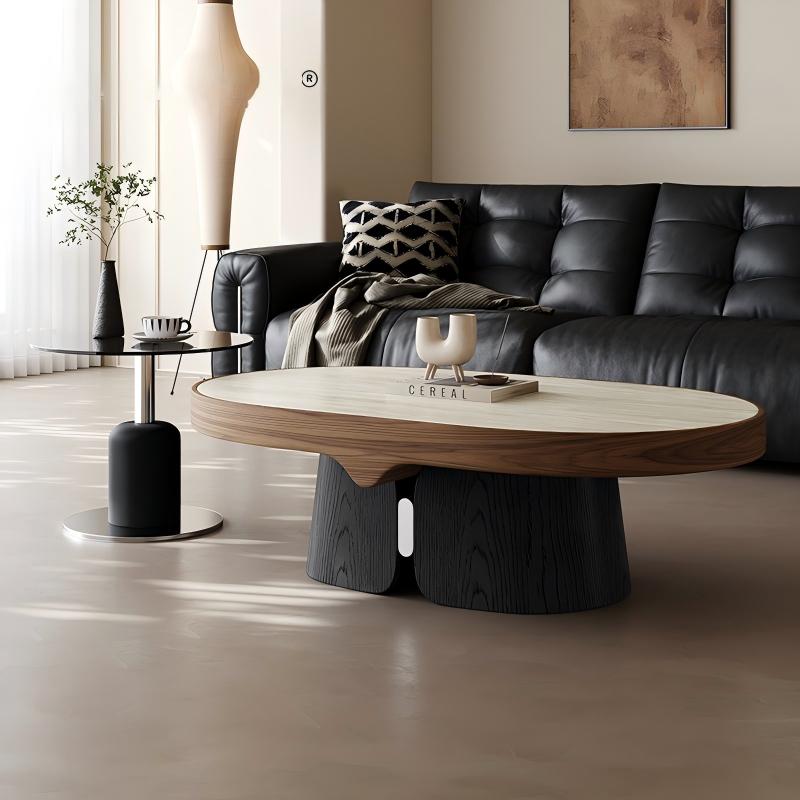 中古风实木茶几组合侘寂新款客厅家用小户型高级感椭圆形洞石茶几