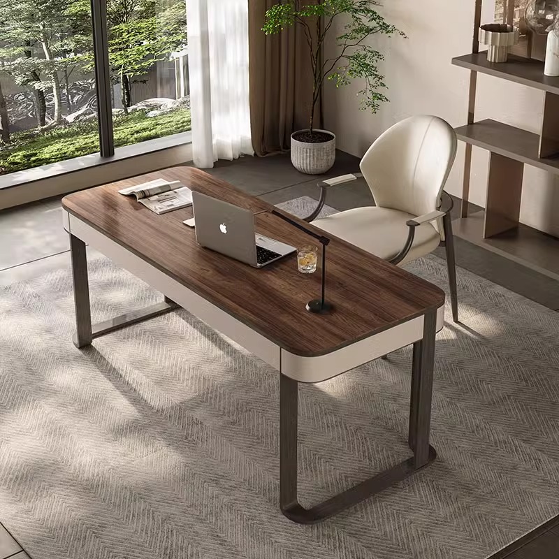 现代简约木书桌家用书房写字电脑桌设计师轻奢北美黑胡桃木办公桌