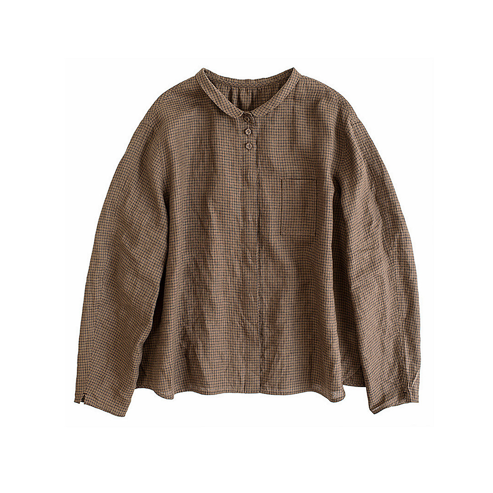 欢喜布衣  春款亚麻色织格子复古宽松翻领百搭休闲开襟长袖衬衫