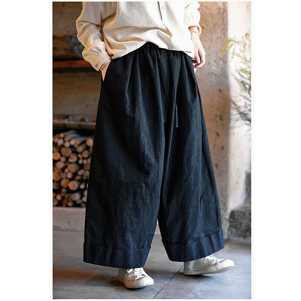 断码半价！三季款洗成黑高密纯棉布料高级简约宽松松紧腰直筒裤