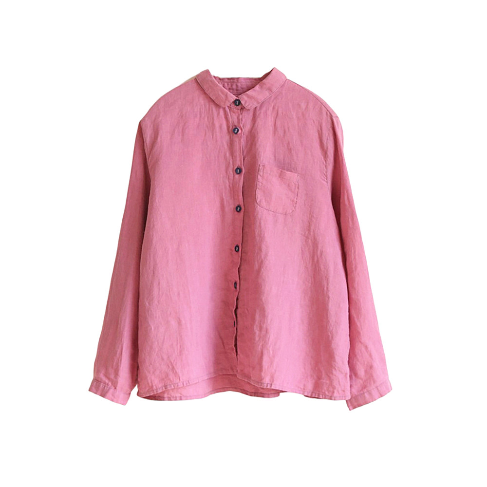 欢喜布衣   春款粉色水洗亚麻长袖衬衣衬衫女上衣