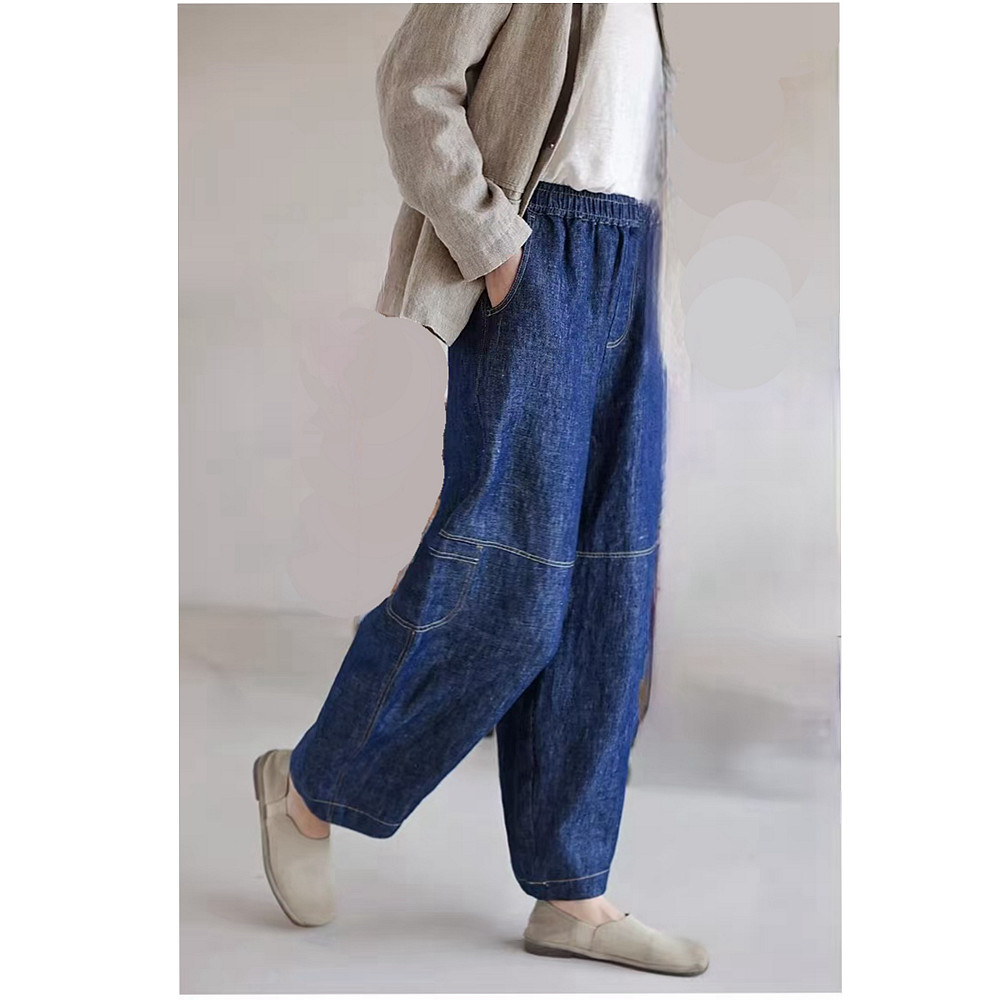 欢喜布衣   春款织斜纹汉麻牛仔裤宽松阔腿九分裤松紧腰女麻裤