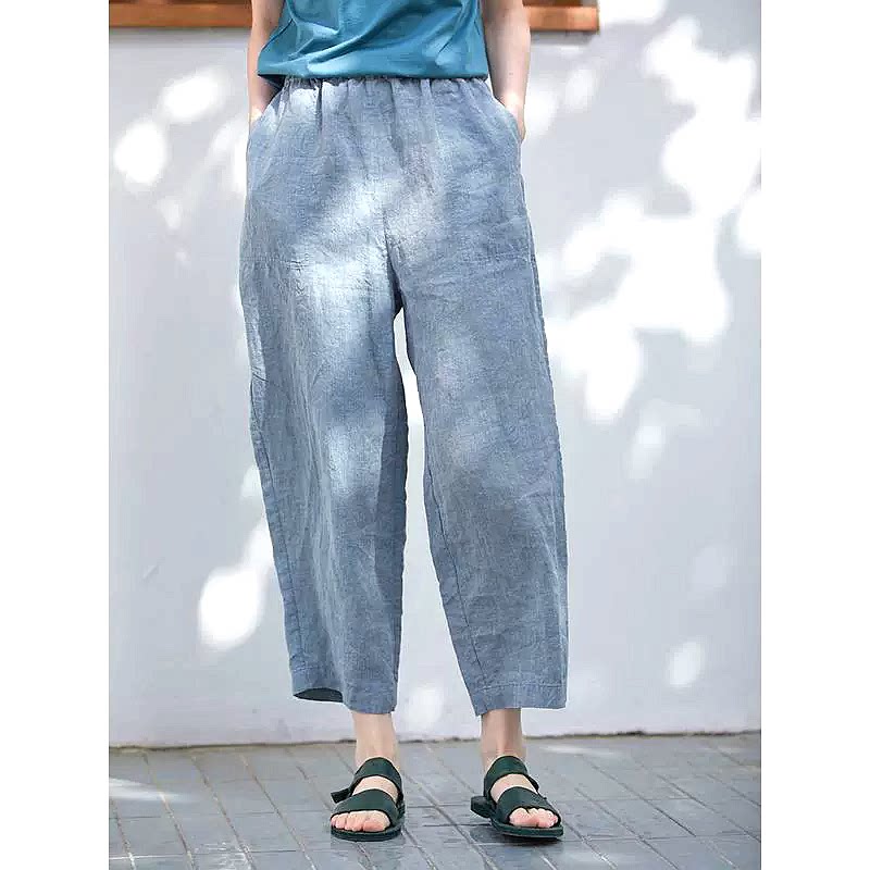 欢喜布衣 2026春款文艺休闲细支高密色织亚麻轻薄蓝色萝卜九分裤