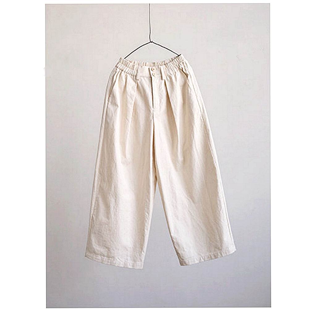 欢喜布衣   春款款玉白色纯棉高密松紧腰阔腿直筒裤宽松休闲长裤