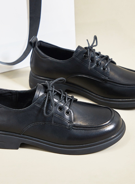 通勤系带深口黑色小皮鞋女工装鞋学生软底职业工作鞋矮跟女鞋圆头