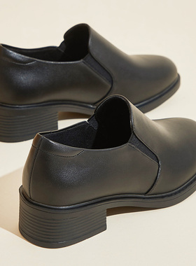 秋冬季深口单鞋女粗跟4cm黑色工作鞋酒店银行上班正装黑皮鞋中跟