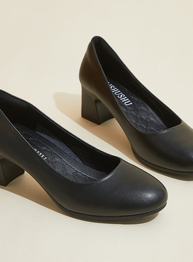 圆头粗跟5cm黑色工作鞋女皮鞋职业高跟鞋正装单鞋面试公务员女鞋