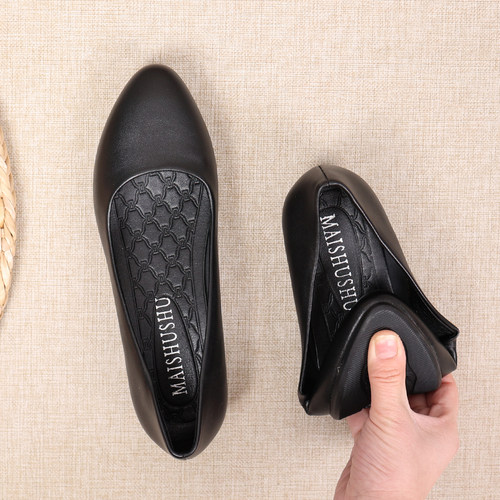 尖头黑色软皮软底粗跟空姐工作鞋