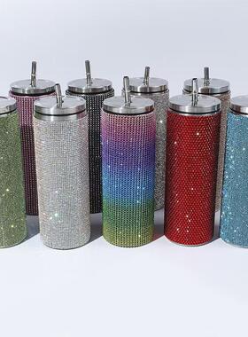 跨境新品20oz直身钻石杯镶钻不锈钢保温吸管杯便捷车载汽车杯