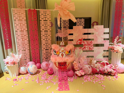 粉色醒狮结婚装饰拍照专用澳洲羊毛舞狮布置狮子表演道具狮子头