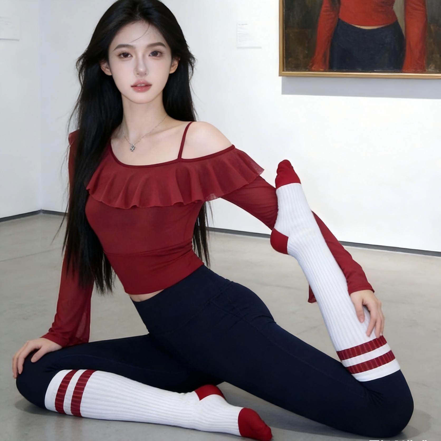 [限购2件-斜肩假两件露肩荷叶边固定胸垫瑜伽长袖]普拉提健身上衣