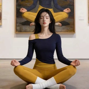 [限购2件-露肩时尚撞色固定胸垫瑜伽长袖]运动健身普拉提上衣女