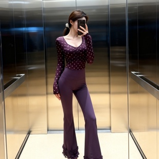 运动健身普拉提上衣 V领波点网纱拼接固定胸垫瑜伽长袖 限购2件