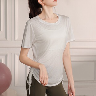 两侧抽绳罩衫 减龄遮肉 宽松瑜伽服女跑步短袖 两件雪花薄款 99元