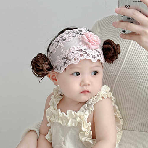 2024年新款发饰婴儿假发发带蕾丝花边粉色珠子纱花甜美可爱公主风