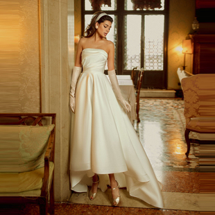 法式 缎面抹胸婚纱显瘦前短后长新娘结婚迎宾纱小个子旅拍森系超仙