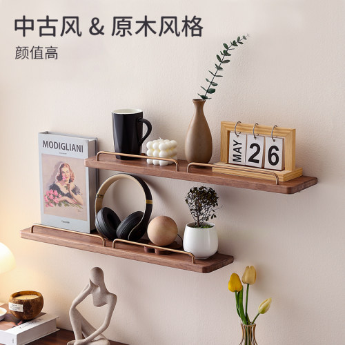 胡桃木墙上一字搁板置物架壁挂式收纳架层板置物架中式原木收纳架