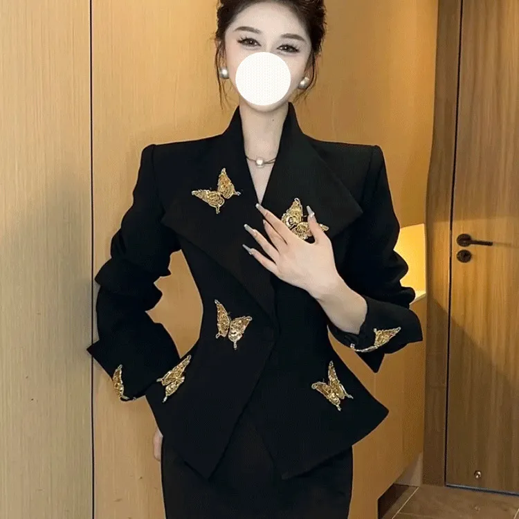 欧货黑色西装外套女2025春秋高级设计感重工超好看西服短外套上衣