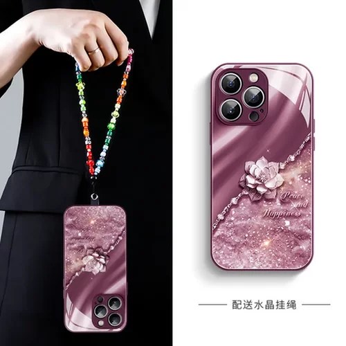 女款新款适用15带挂绳手机壳玻璃12pr苹果14iphone16promax高级13