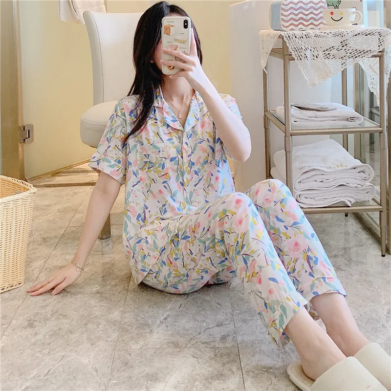 短袖棉绸睡衣女夏季薄款可外穿人睡衣/家居服套装