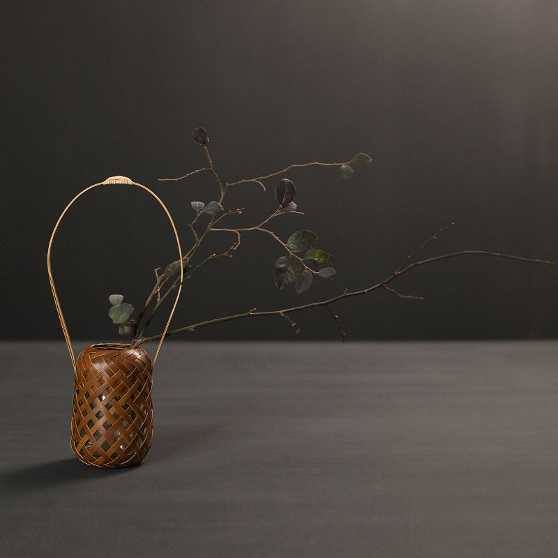 山山竹木竹编花器花瓶小花篮带提手插花艺术家居客厅装饰花道中式