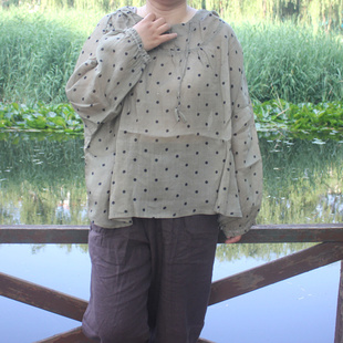 夏季女士短款超薄带帽T恤长袖宽松文艺复古百搭开衫点点上衣G170