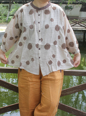 休闲棉麻大码女装新款绣花上衣开衫衬衫圆点夏季文艺范拼接G095