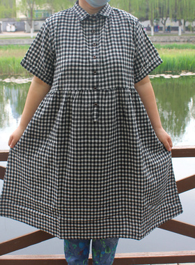 雪蓝杉H088夏季短袖长款衬衫大码棉麻格子女装雪蓝衫宽松外套服装